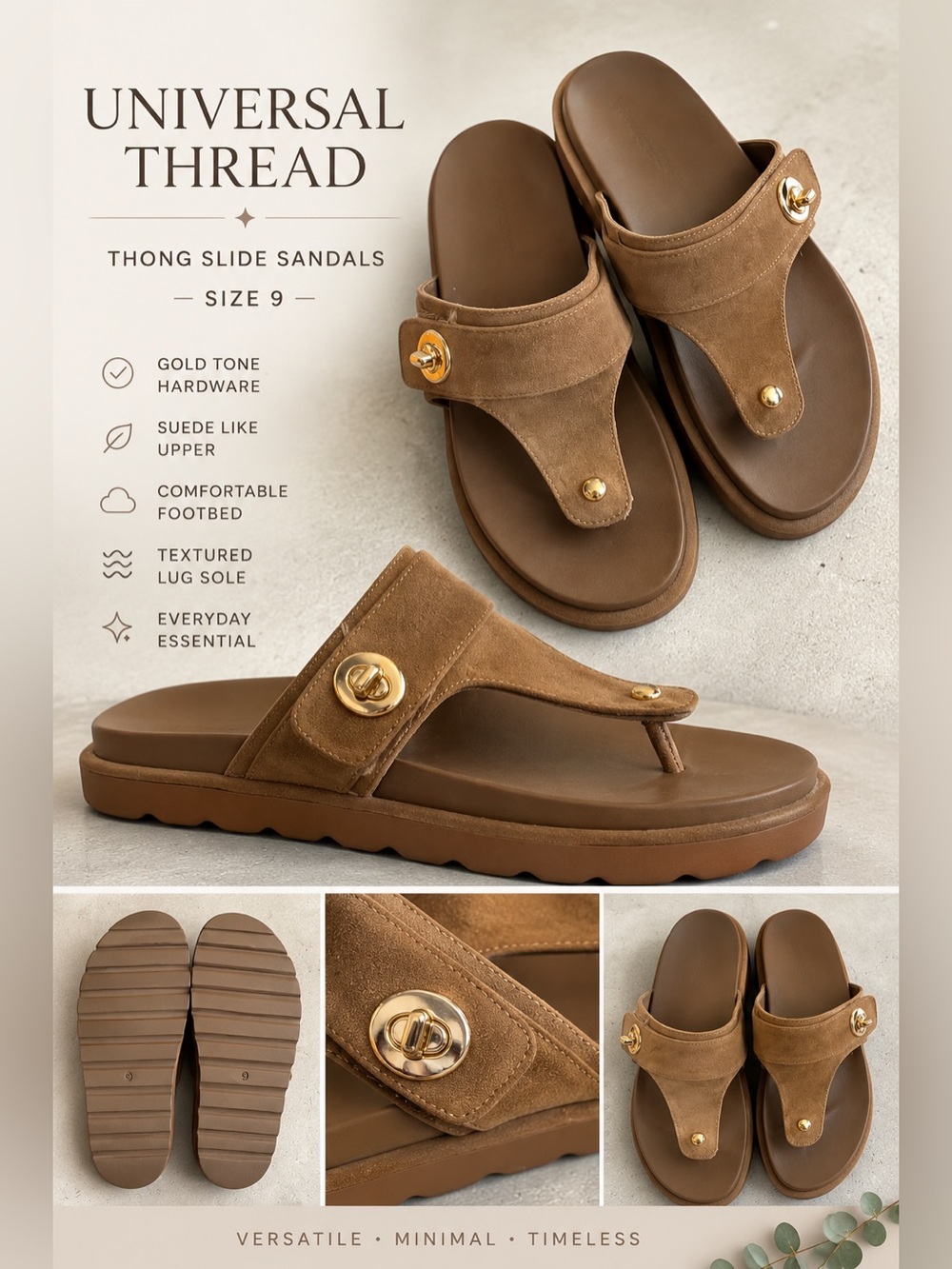 Universal Thread Brown Suede Thong Slide Sandals Gold Hardware Size 9